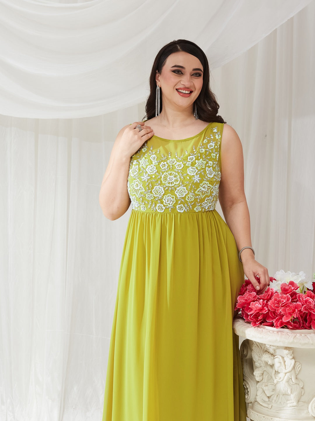 Lemon Green Boat Neck Sleeveless Embroidered Georgette Gathered Maxi Dress for Women