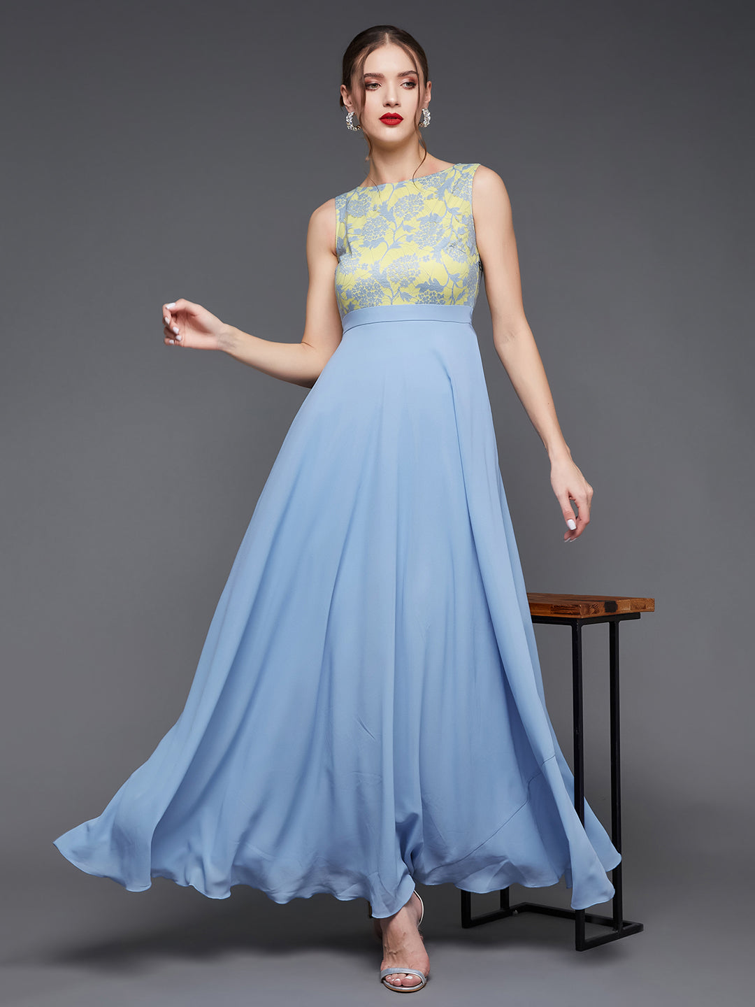 fitted lace wedding dress Tea-Length Midi Prom Dress with Short Puff Sleeves Smoky Blue / 3XLarge main image 0