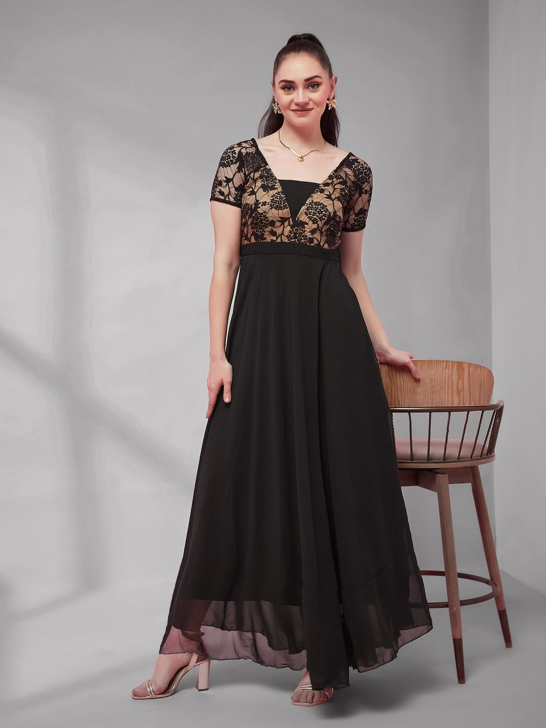 Black Square Neck Raglan Short Sleeve Self Design Lace Overlaid Georgette Maxi Dress for Women