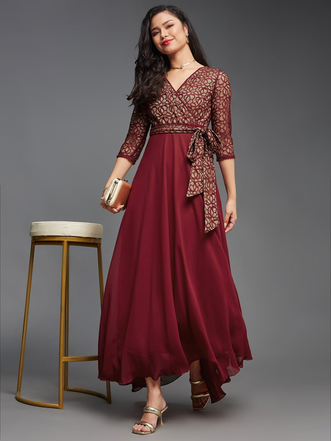 Maroon Long Sleeves Fit and Flare Wrap Maxi Dress with Lace Belt for W Maroon Long Sleeves Fit and Flare Wrap Maxi Dress with Lace Belt for W