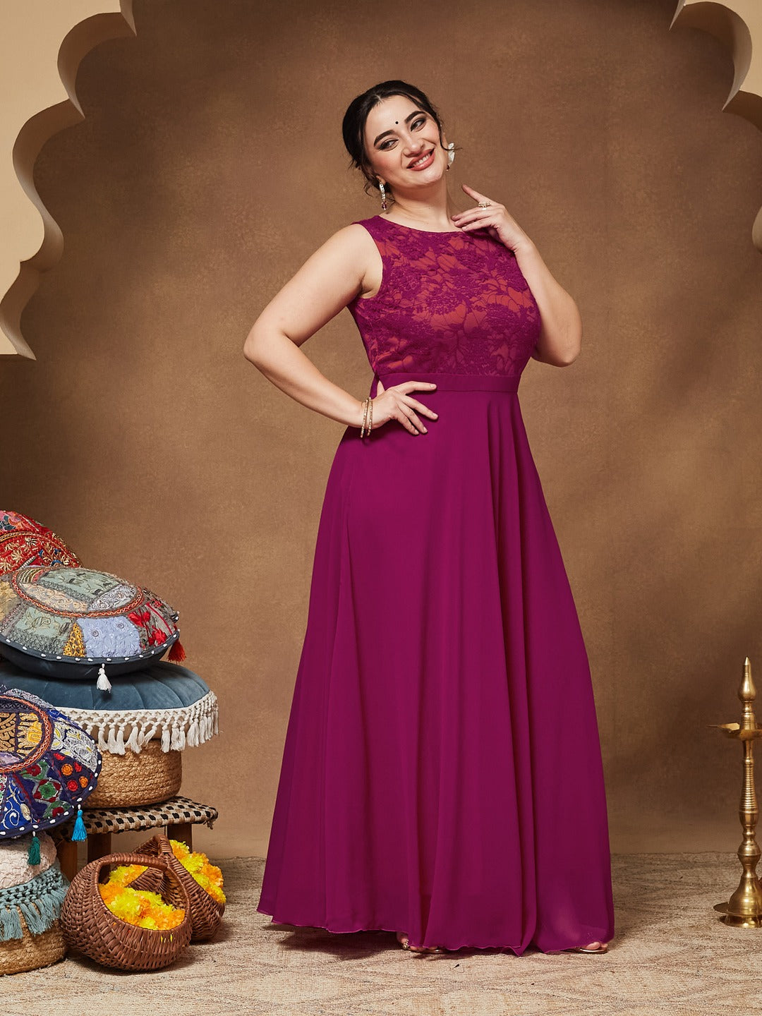 Dark Pink & Rust Boat Neck Sleeveless Self Design Lace Overlaid Regular Dress for Women