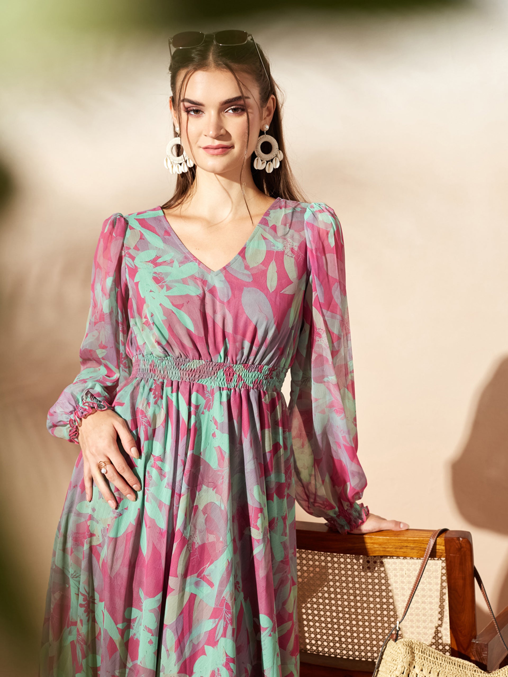 Pink & Mint Full Sleeves Floral Printed Fit and Flare Dress for Women