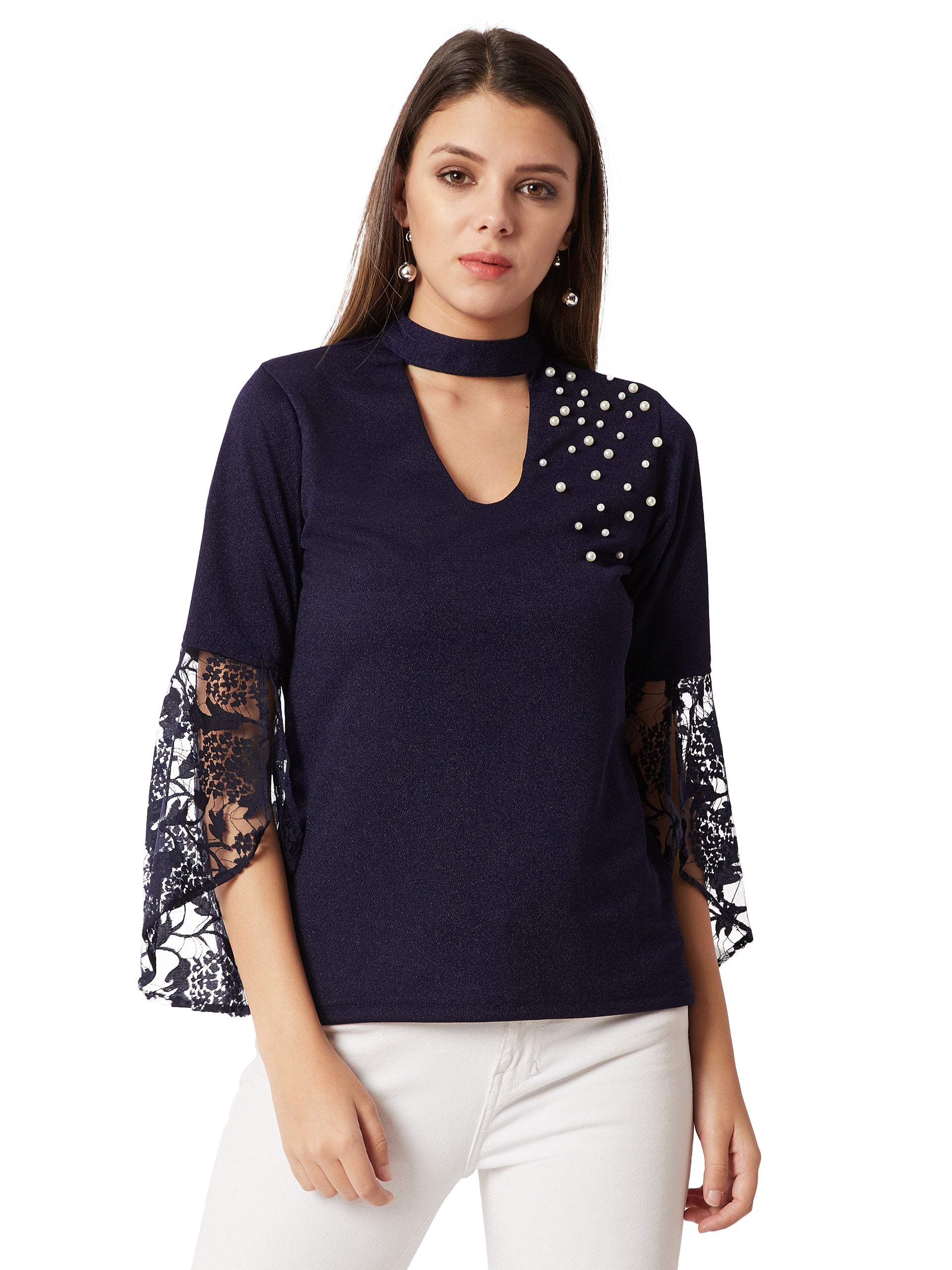 Women's Navy Blue Round Neck Split 3/4 Sleeves Solid Lace Semi Sheer Choker Style Cut-Out Pearl Detailing Top