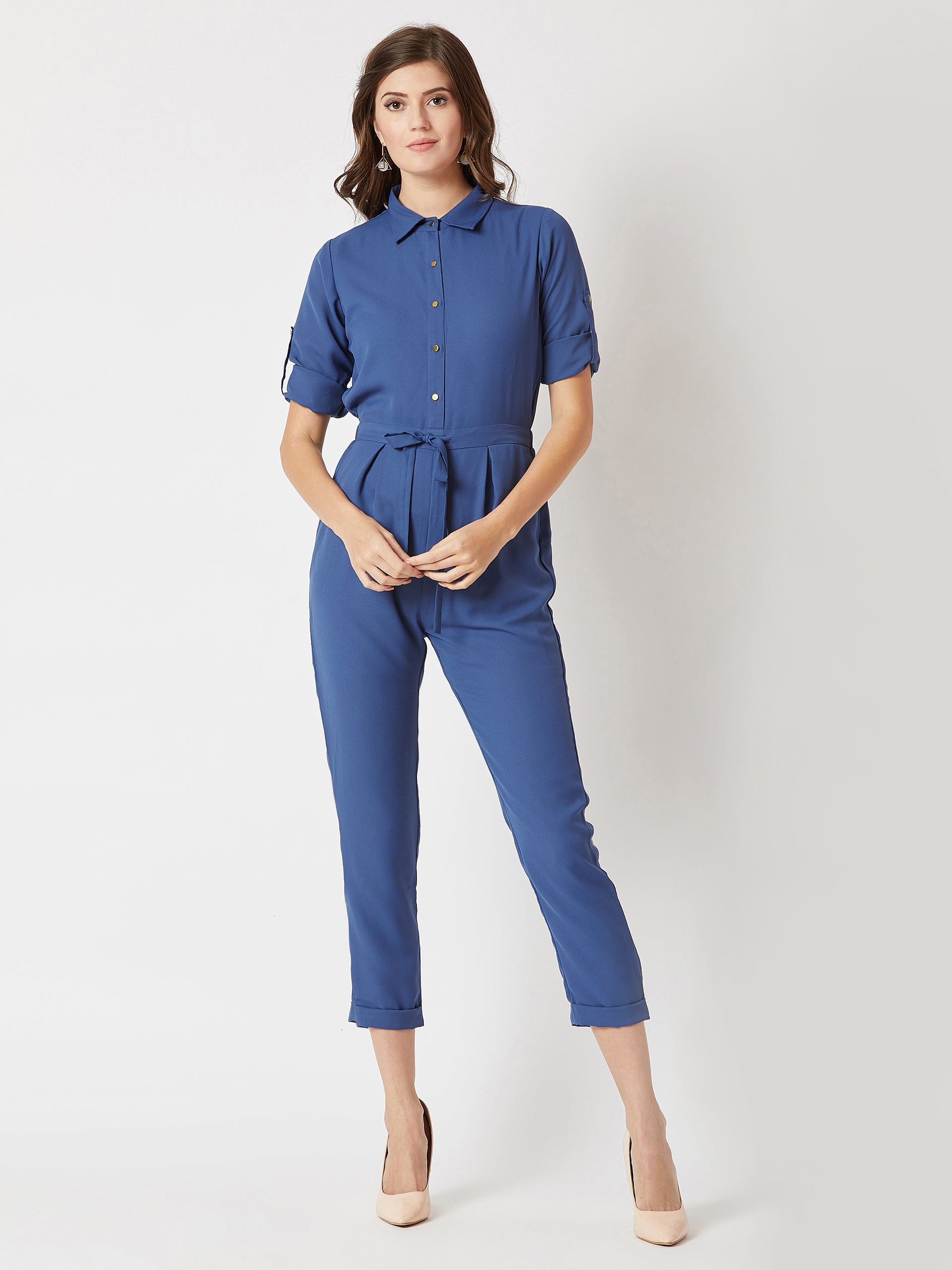 Azure Blue Collared 3/4 Sleeves Collared Tie-Up Detailing Solid Straight-Fit Leg Jumpsuit for Women