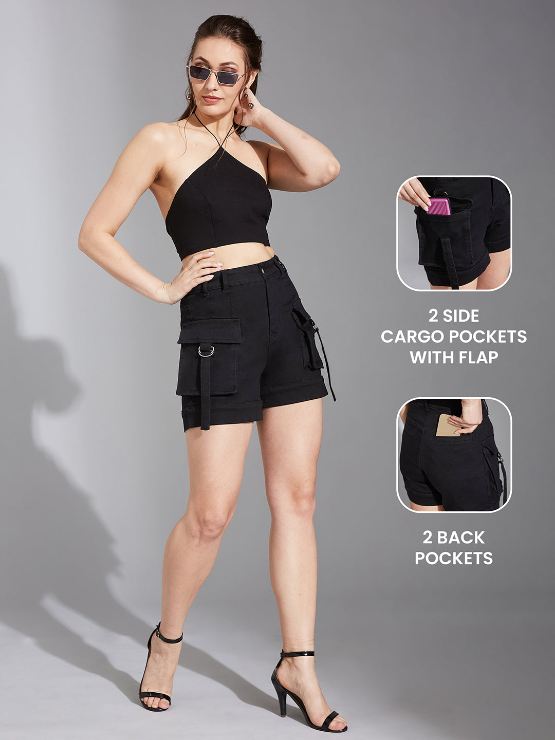 Women's Black Flared High-Rise Clean-Look Regular Stretchable Denim Shorts