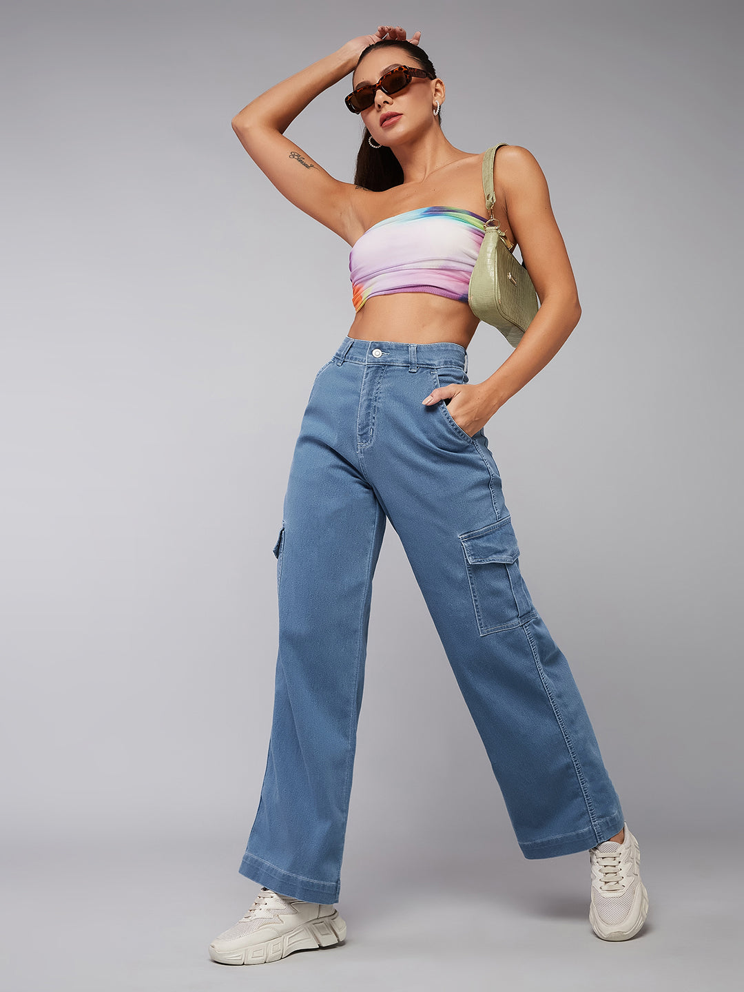 24/7 Comfort Blue Wide-Leg High-Rise Cargo Regular Stretchable Denim Jeans