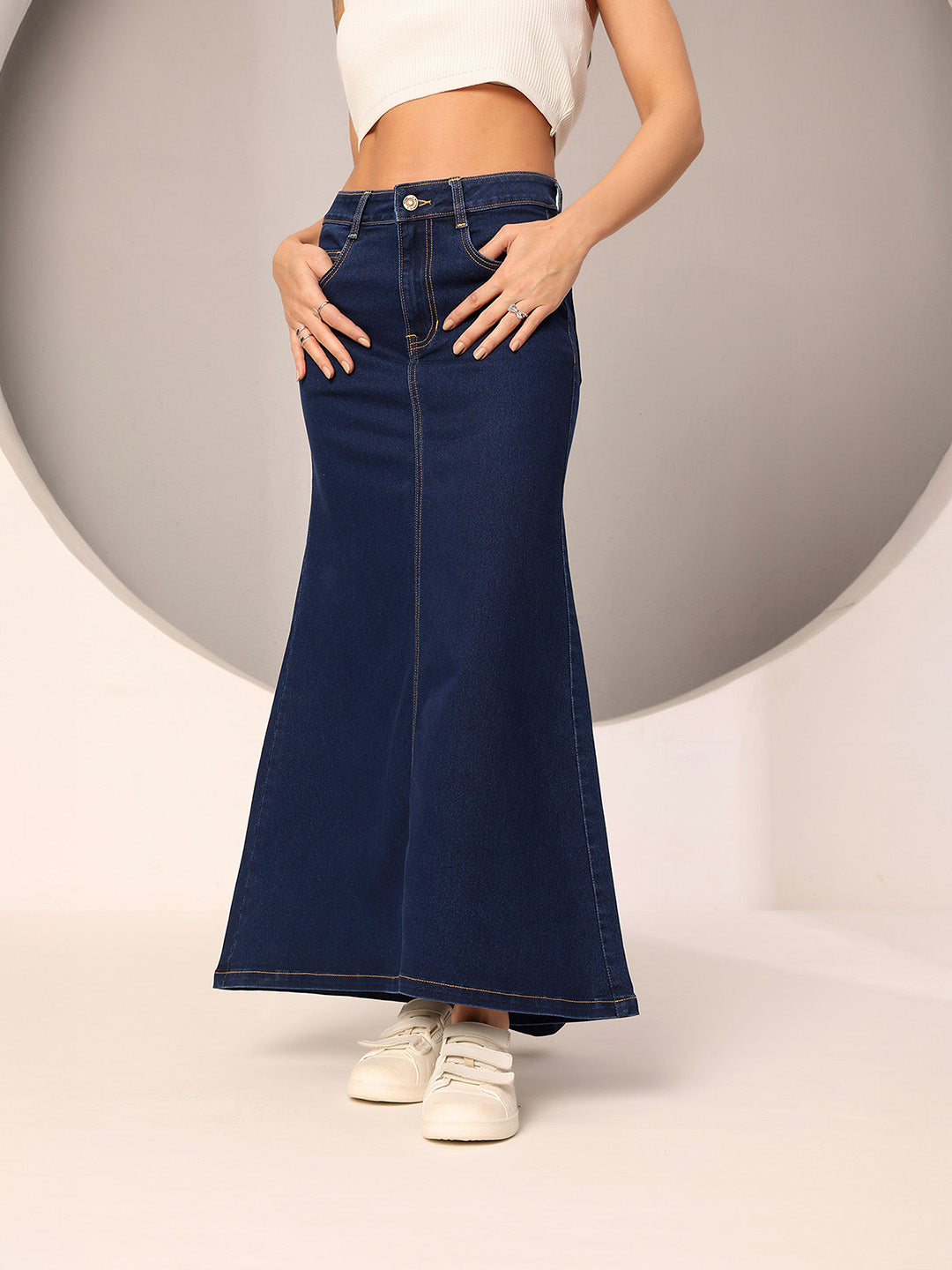 Women's Dark Blue Flared High-Rise Clean-Look Stretchable Denim Maxi Skirt