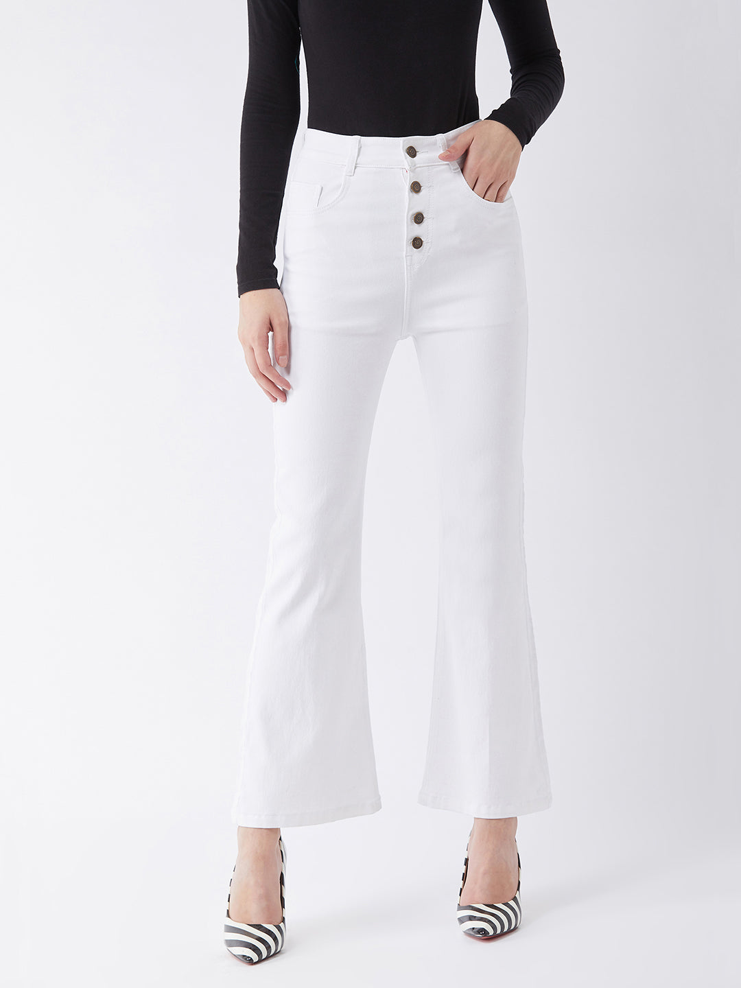 24/7 Comfort White Bell-Bottom Bootcut Hourglass High-Rise Stretchable Denim Jeans