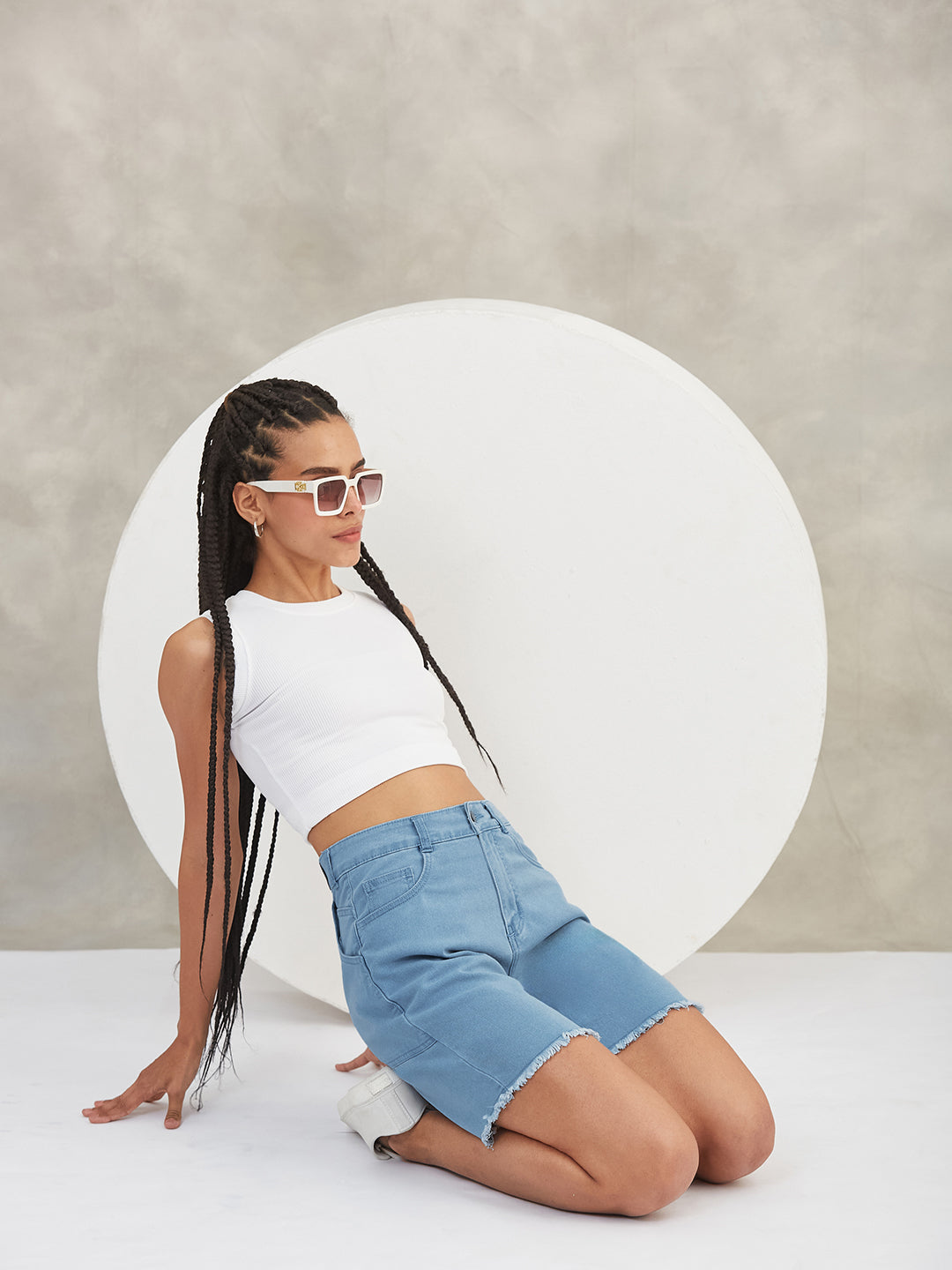 Women's Light Blue High-Rise Above-Knee Stretchable Denim Shorts