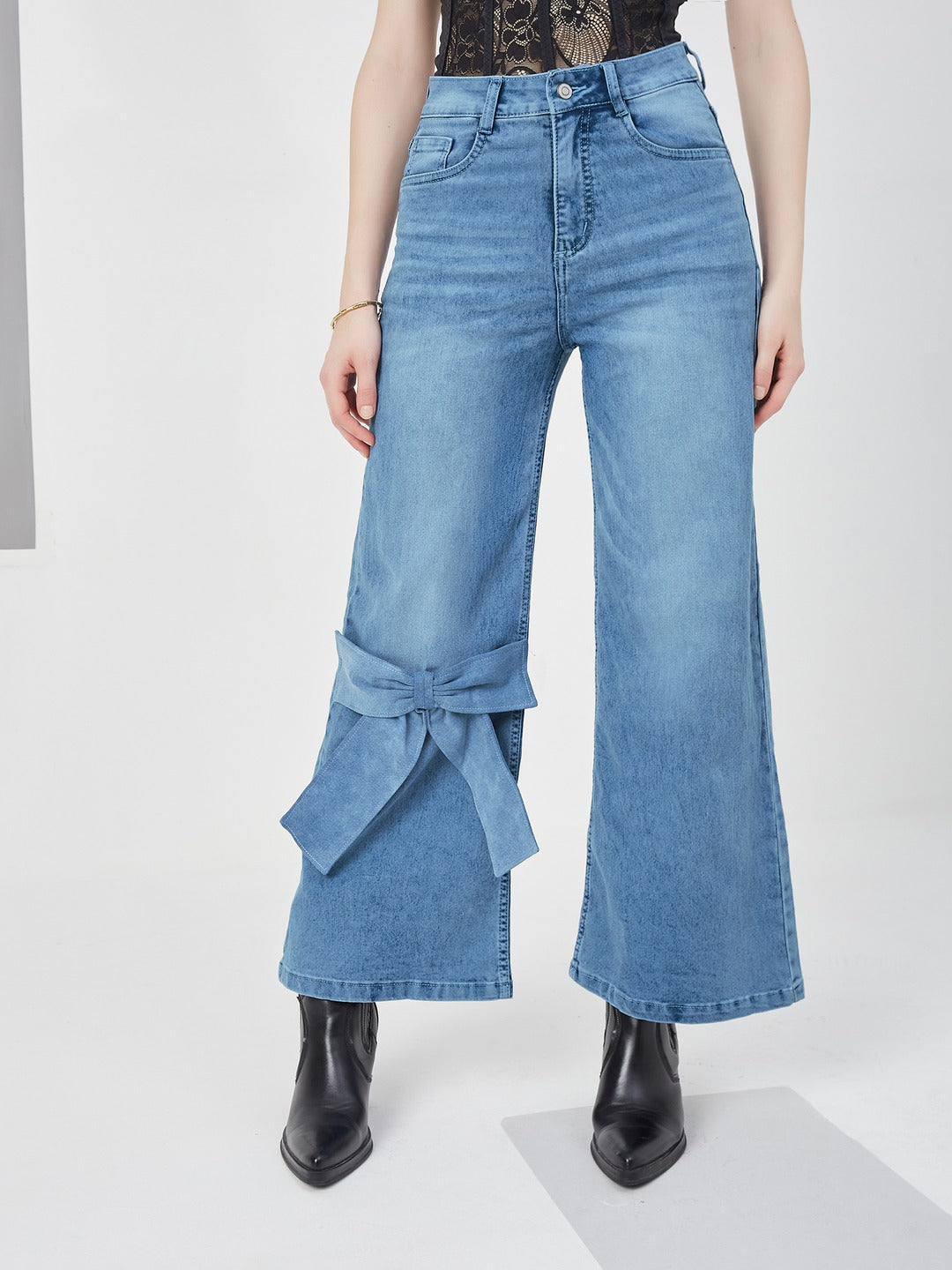 Light Blue Statement Bow Wide-Leg high-rise Regular Stretchable Denim Jeans for Women