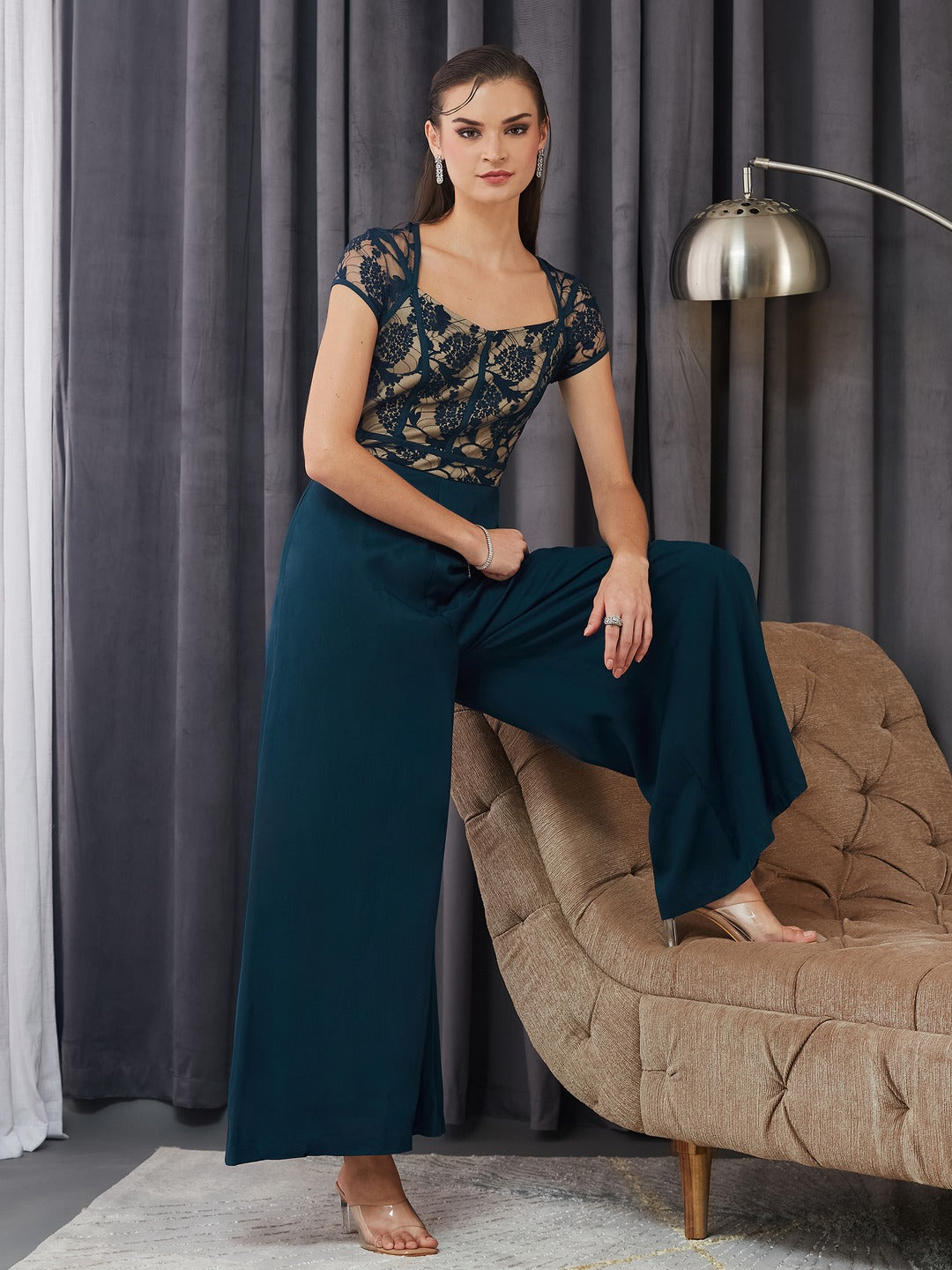 Teal and Beige Sweetheart Neck Raglan Sleeve Floral Lace Overlaid Jumpsuit for Women for Women