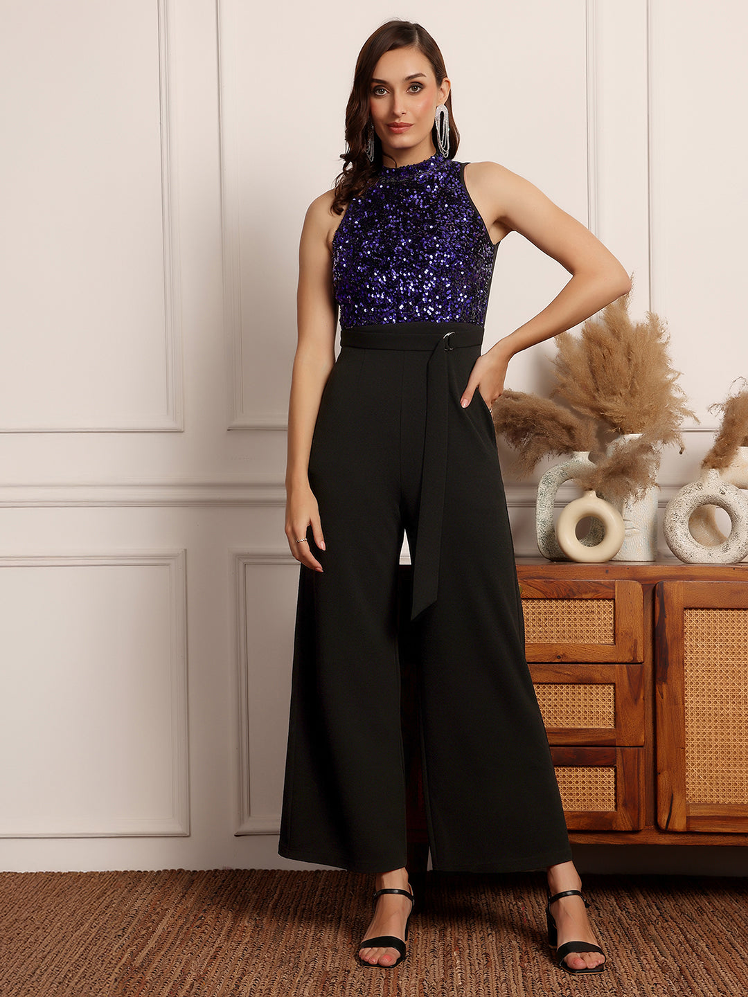 Women's Black And Blue Halter Neck Sleeveless Embellished Regular-Length Jumpsuit