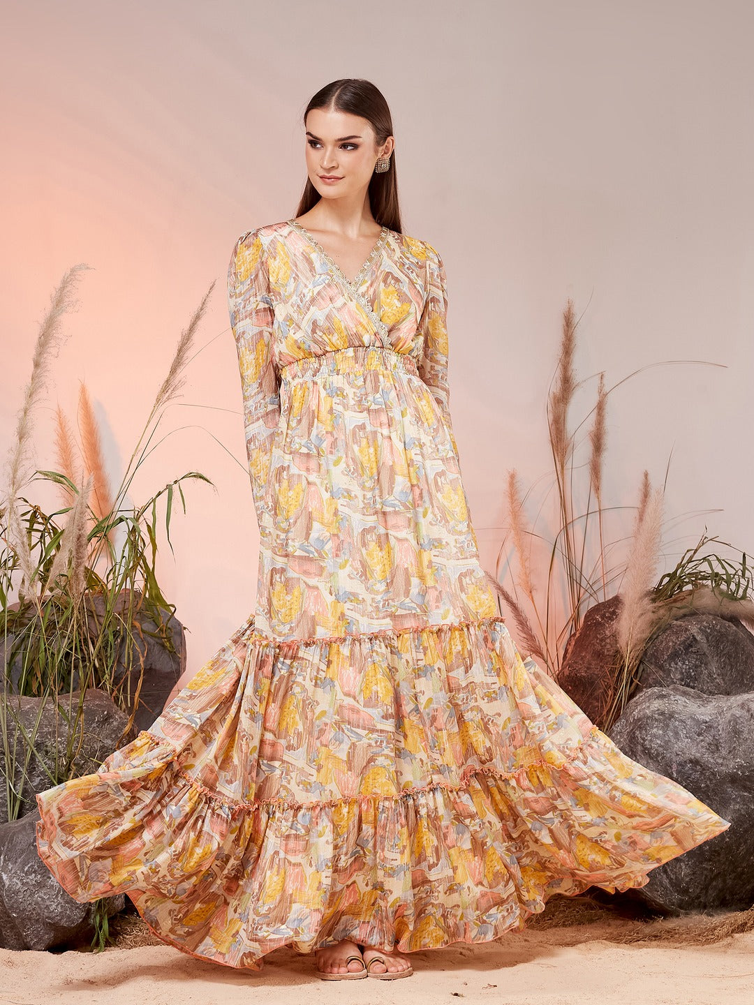Cream V-Neck Bishop Abstract Tiered Maxi Chiffon Ethnic Dress for Women