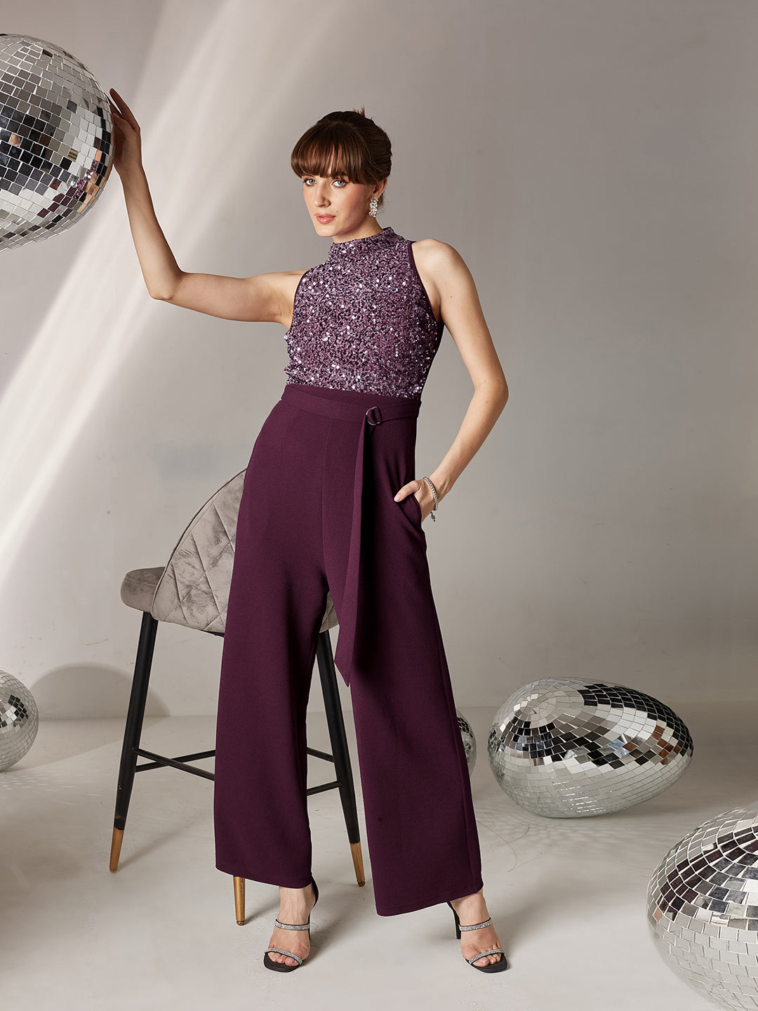 Women's Dark Purple Halter Neck Sleeveless Embellished Regular-Length Jumpsuit