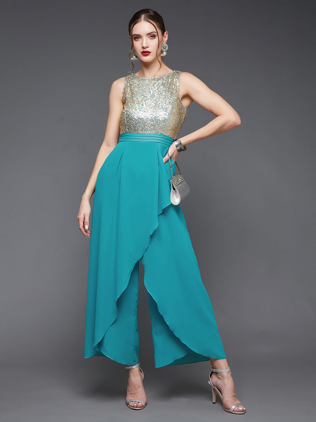 Women's Turquoise Round neck Sleeveless Gold Sequined Layered Party Jumpsuit