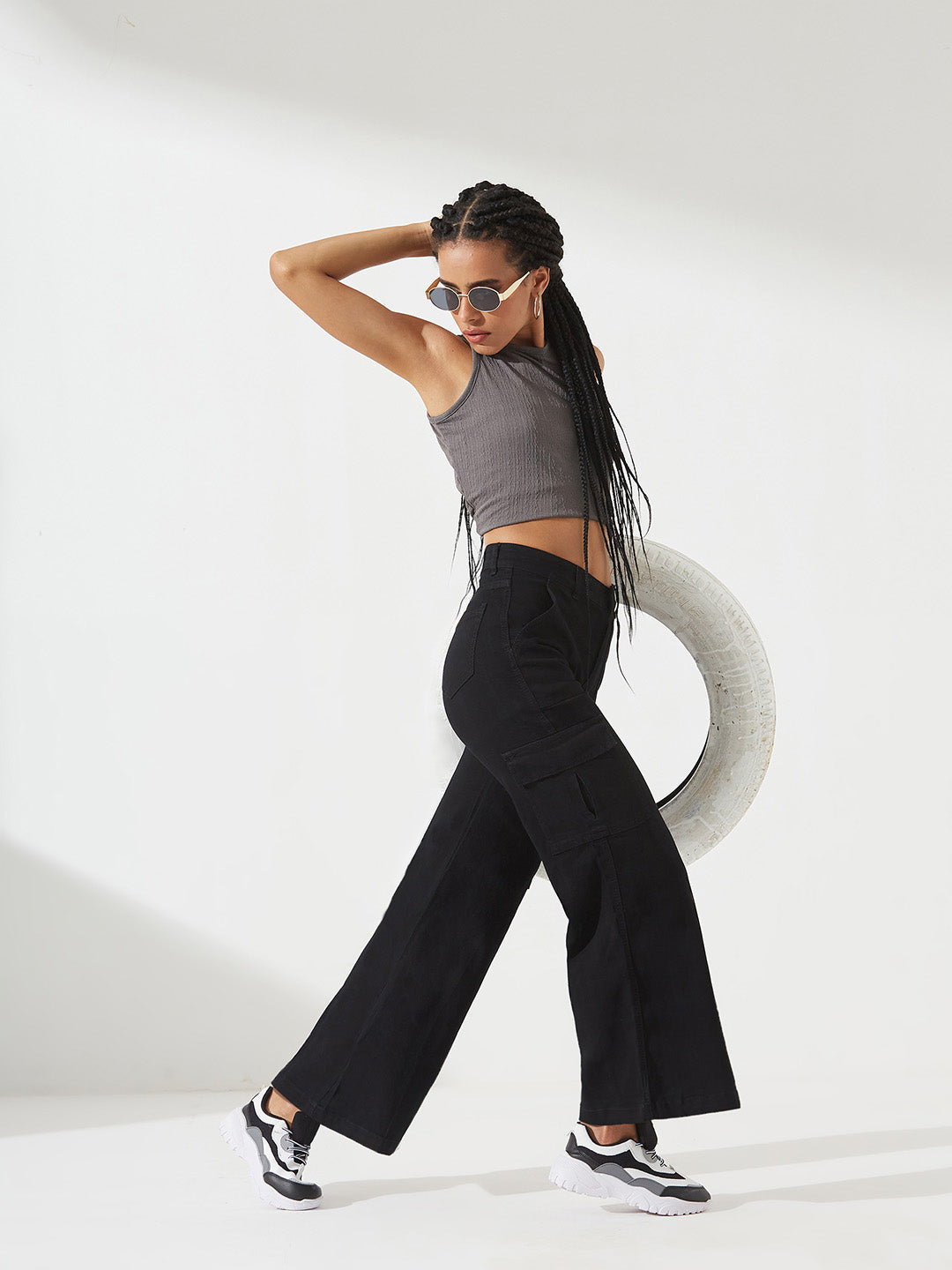 Black Wide-Leg High-Rise Clean-Look Stretchable Denim Cargo Jeans for Women