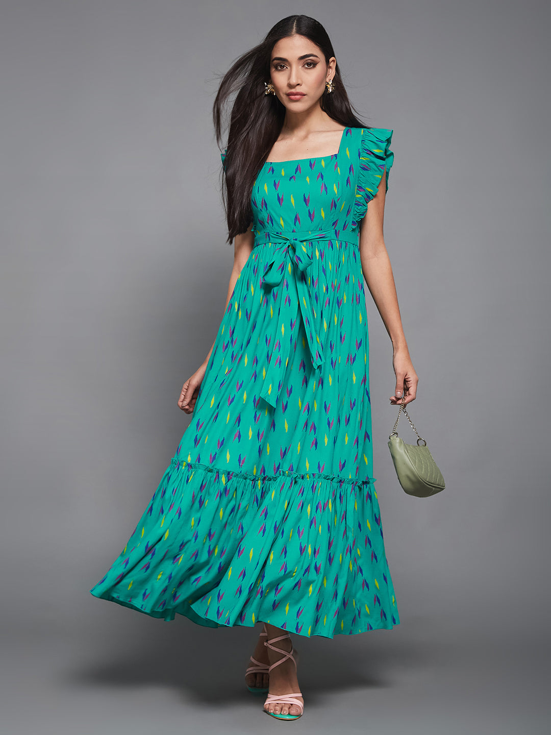 Turquoise Green Viscose Rayon Geometric Maxi Tiered Dress