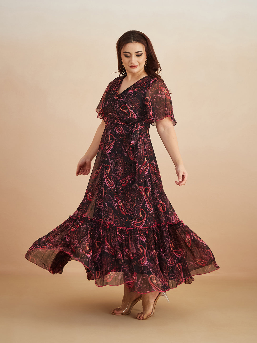 Multicolored-Base-Black Bohemian V-Neck Flutter Sleeve Chiffon Relaxed Fit Wrap Maxi Dress for Women