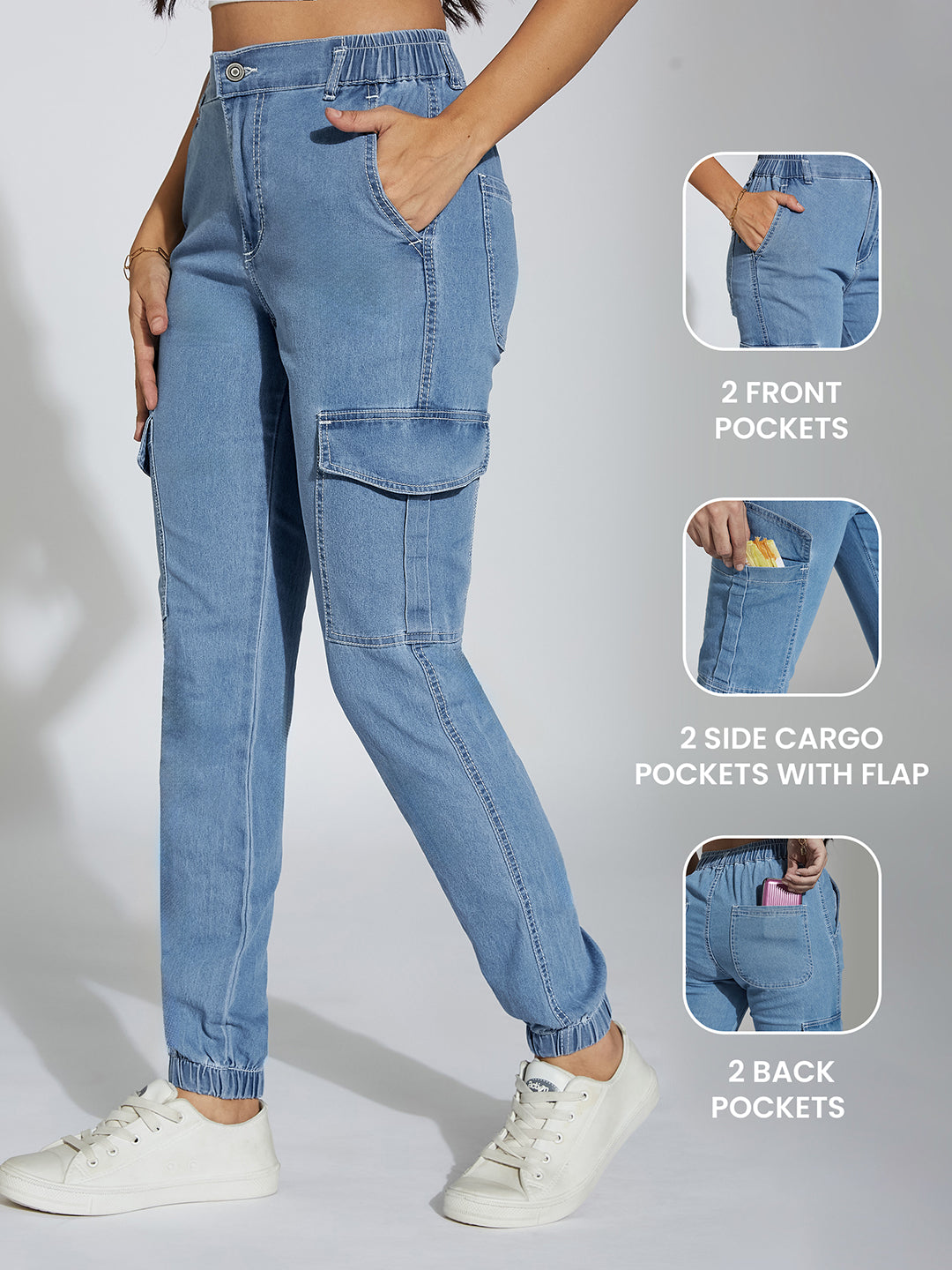 Women's Light Blue Regular High-Rise Clean-Look Regular Stretchable Light Weight Denim joggers