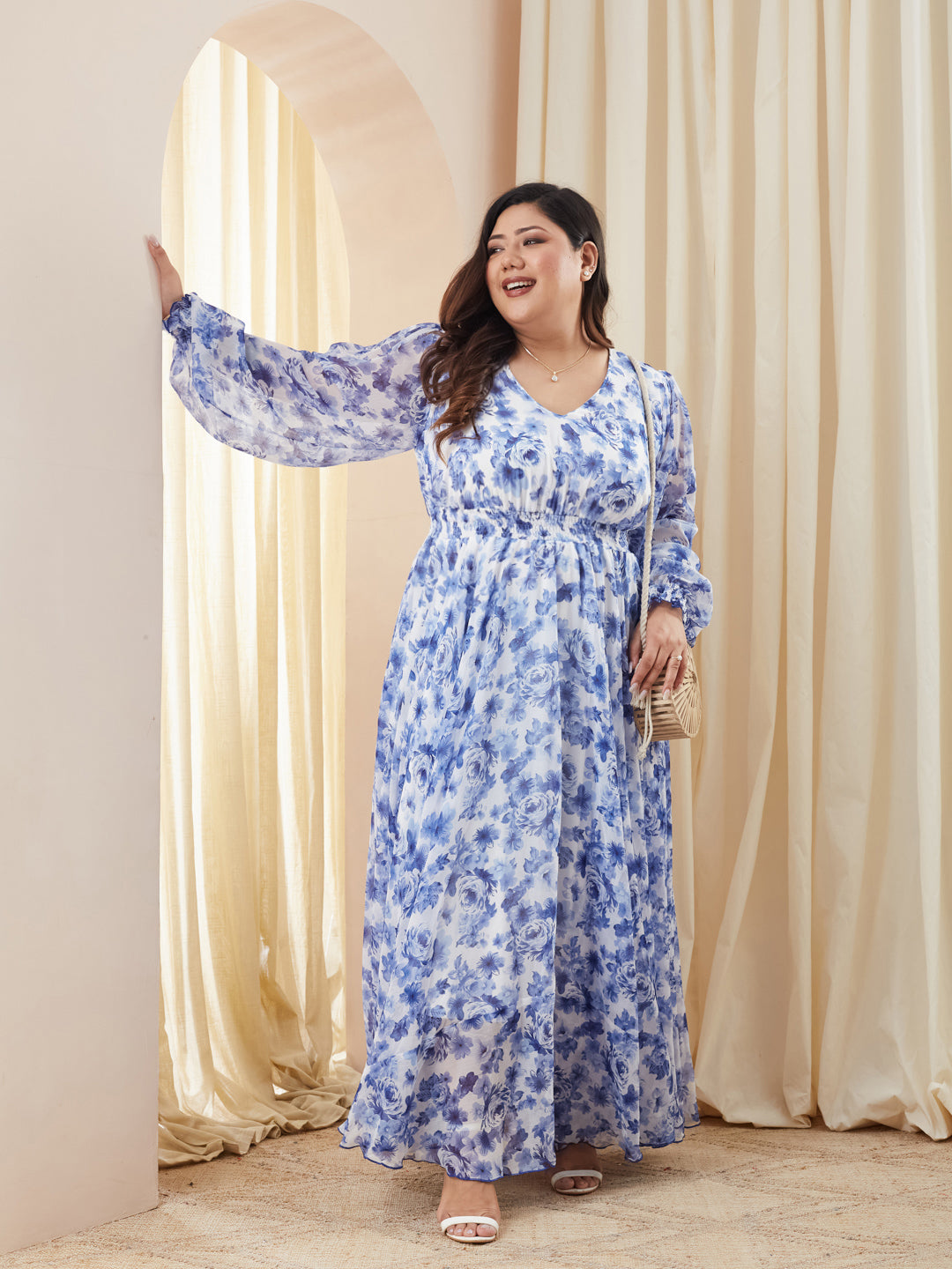 Multicolored Base White V-Neck Full Sleeve Floral Gathered Chiffon Maxi Dress for Women
