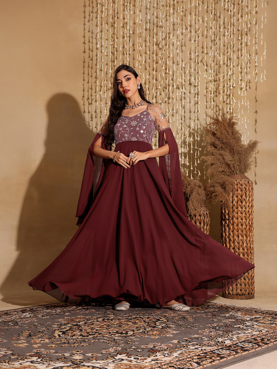 Women's Wine V-Neck Flared Long sleeve Embroidered Fit & Flare Maxi Dress