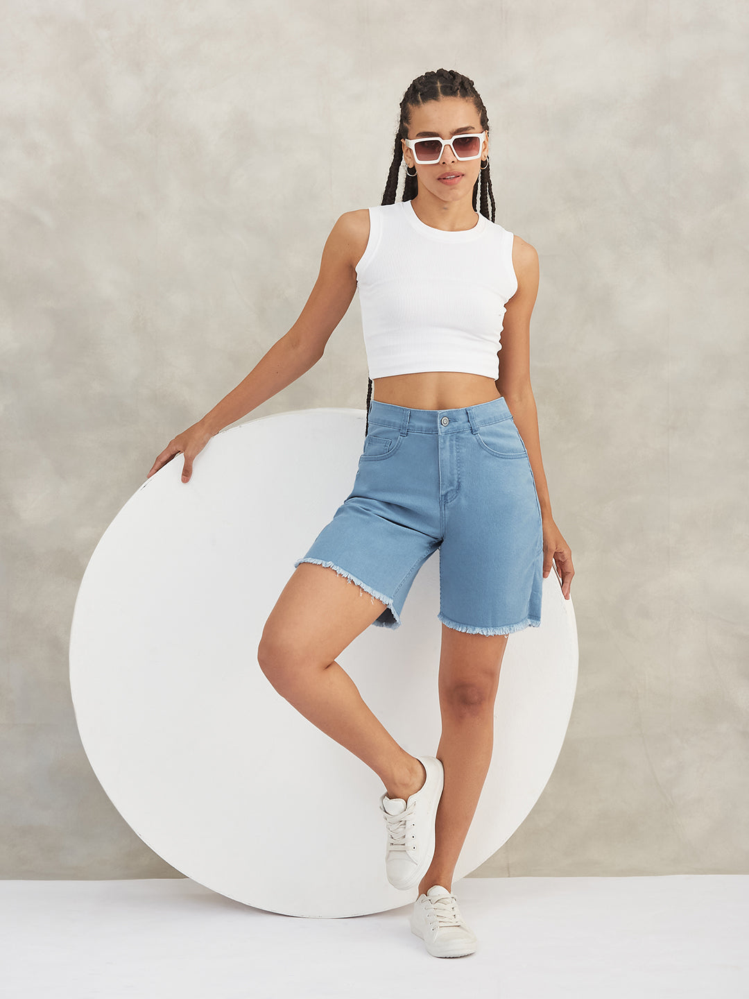 Light-Blue High-Rise Above-Knee Stretchable Denim Shorts for Women