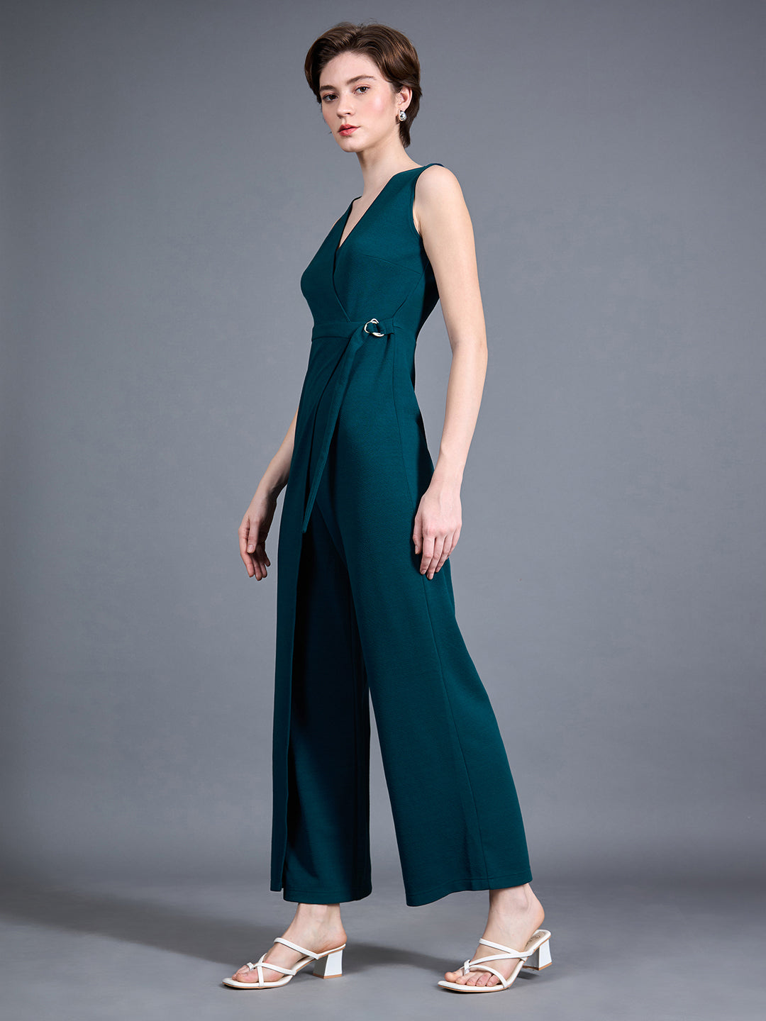 Women's Teal V-Neck Sleeveless Solid Wrap Regular-Length Polyester Jumpsuit