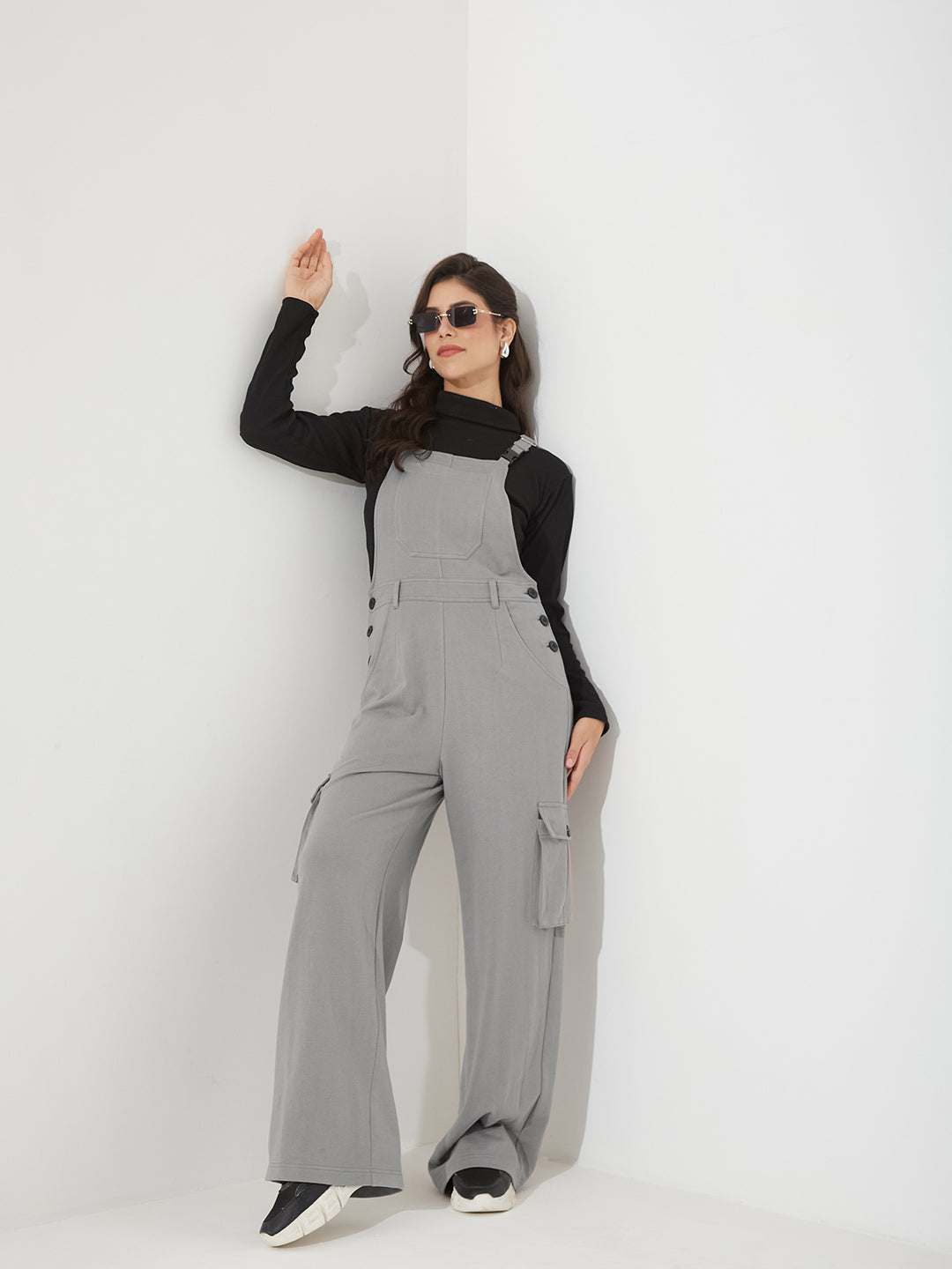 Women's Grey Square Neck Sleeveless Solid Wide Leg Full Length Cotton Dungaree
