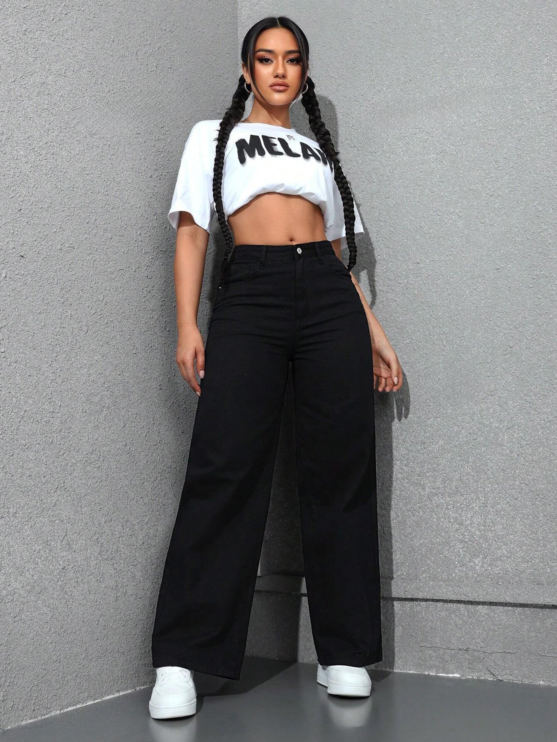 Women's Black Wide-Leg High-Rise Clean-Look Regular-Length Stretchable Denim Jeans