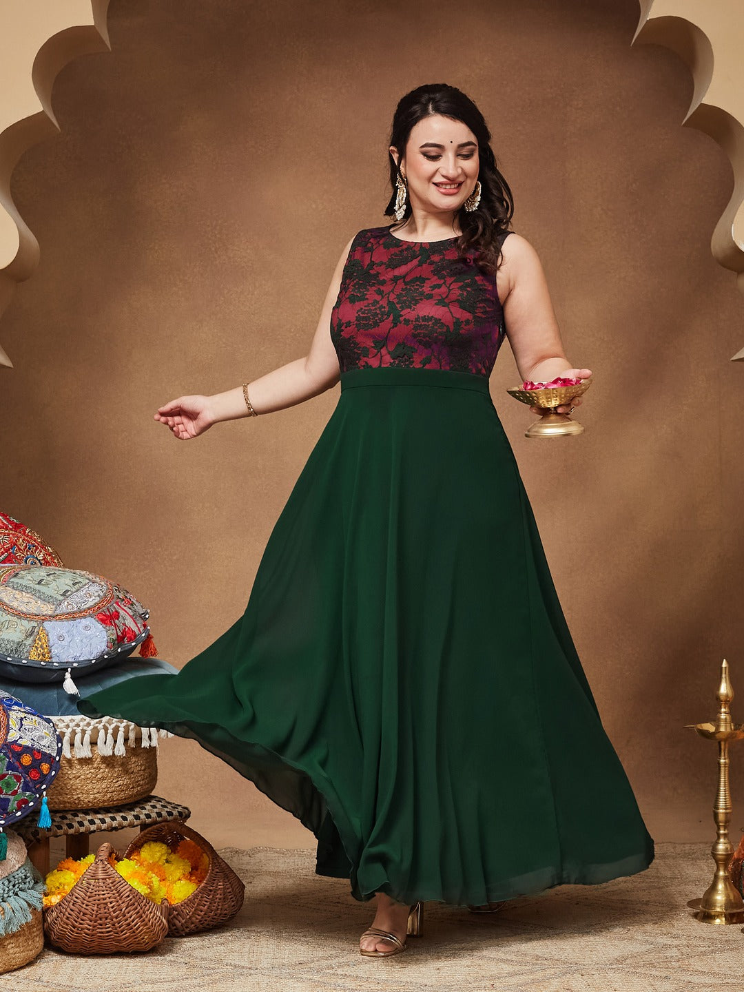 Dark Green Round Neck Sleeveless Georgette Floral Lace Fit & Flare Maxi Dress for Women