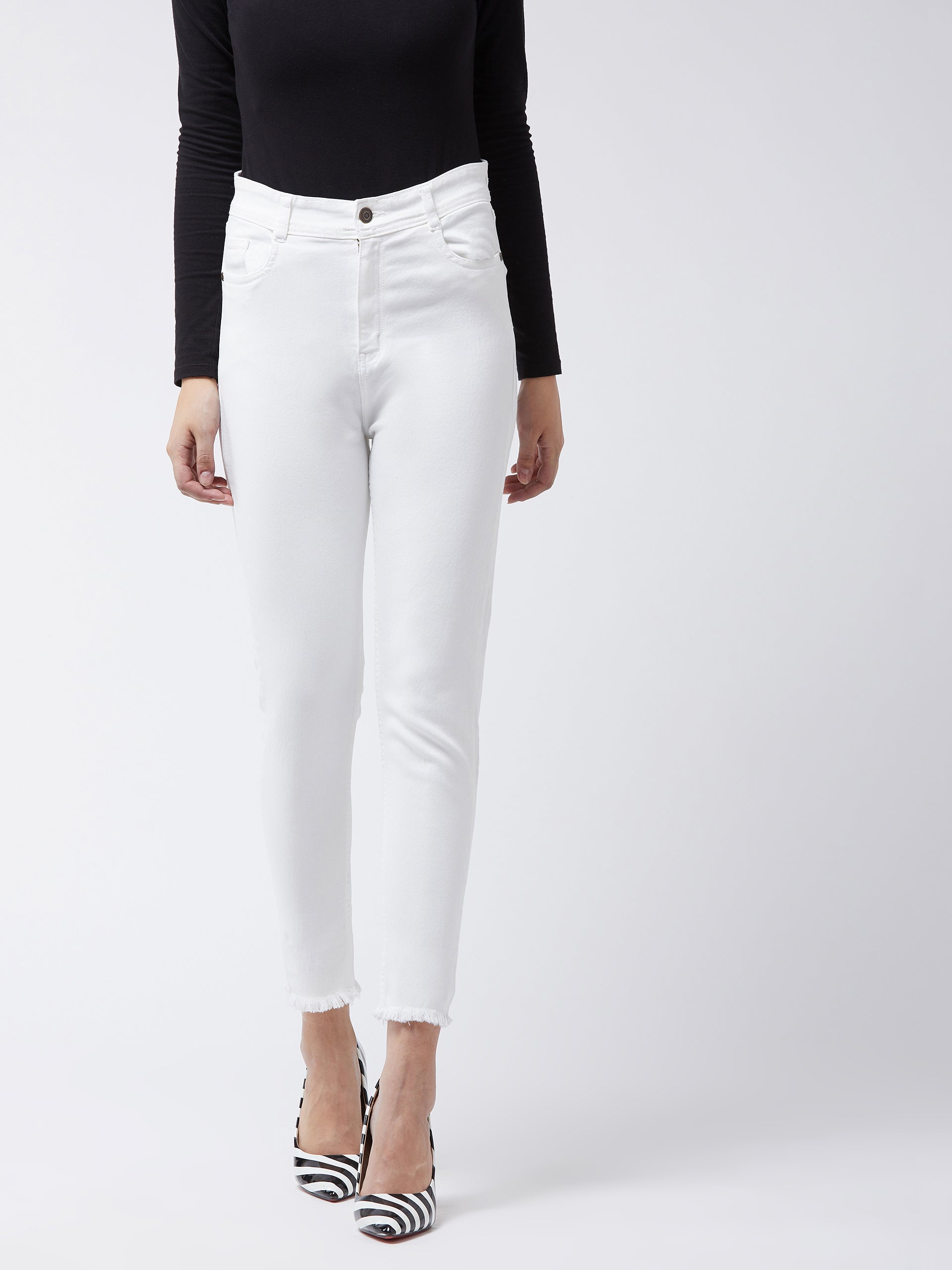 Women's White Skinny-Fit High-Rise Cropped Raw Edge Stretchable Denim Jeans