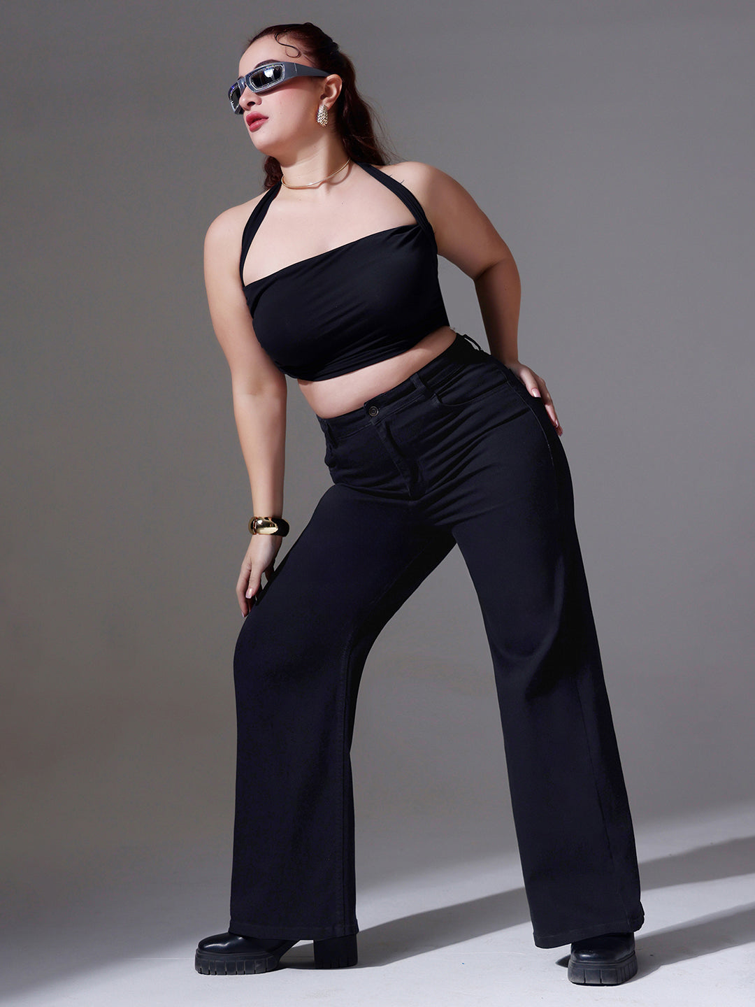 Women's Black Wide-Leg High-Rise Clean-Look Stretchable Denim Jeans