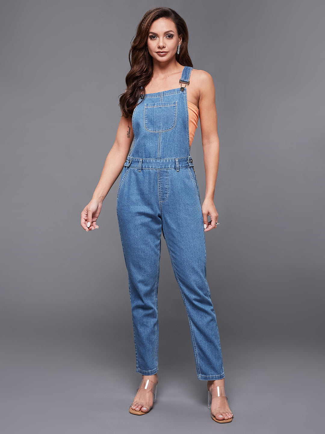 Women's Blue Regular Fit Mid Rise Regular Length Denim Dungaree