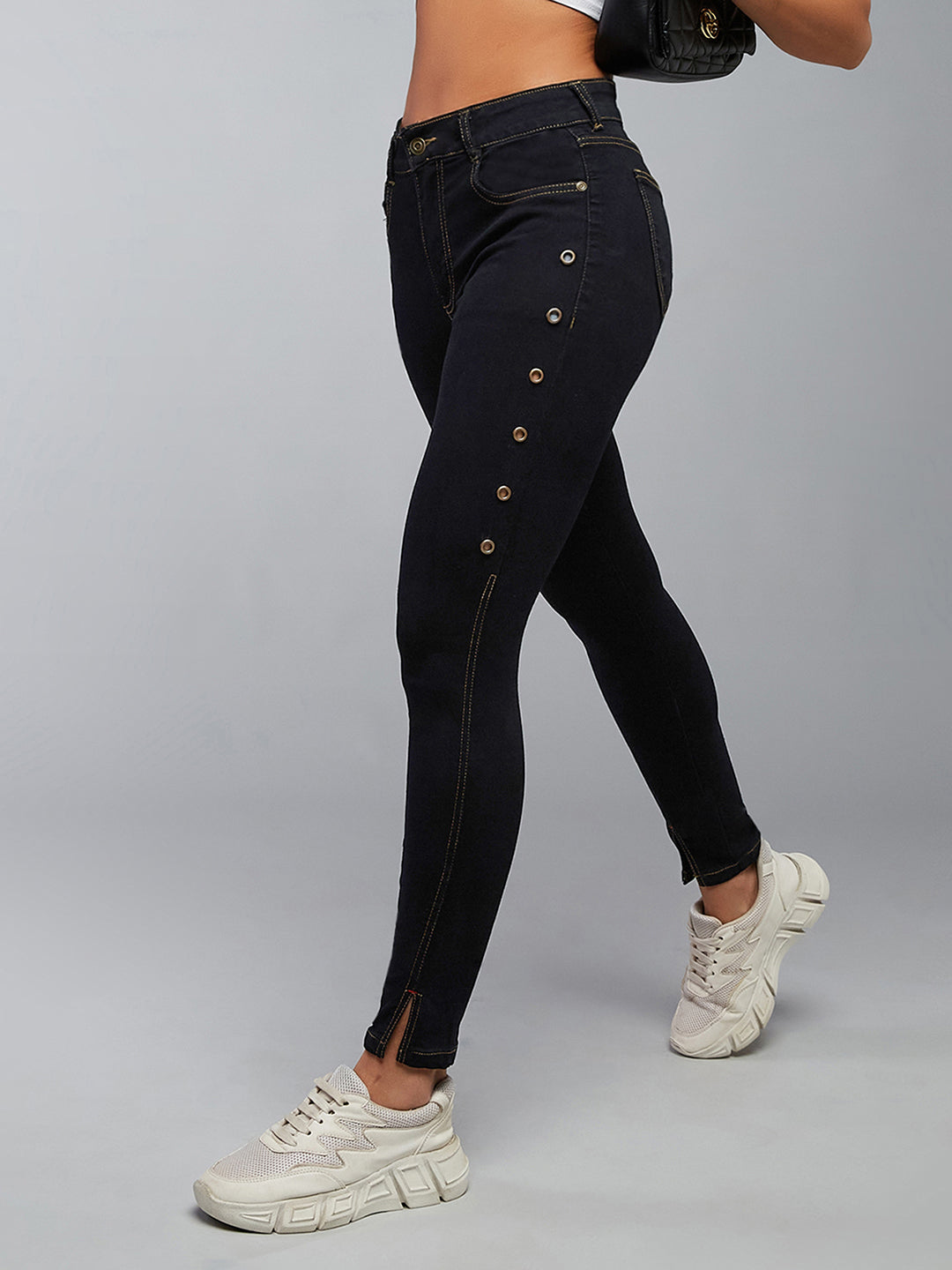 Women's Black Skinny High-Rise Side-Slit Solid Eyelet Embellished Cropped-Length Stretchable Denim Jeans