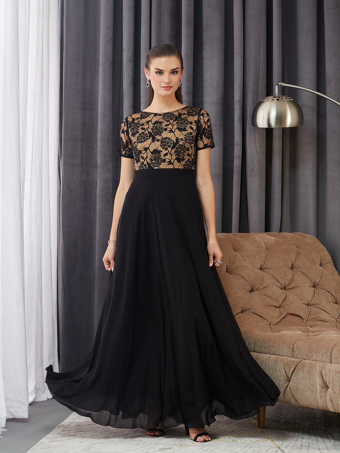 Women's Black Round Neck Half Sleeve Self Design Fit & Flare Georgette Maxi Dress