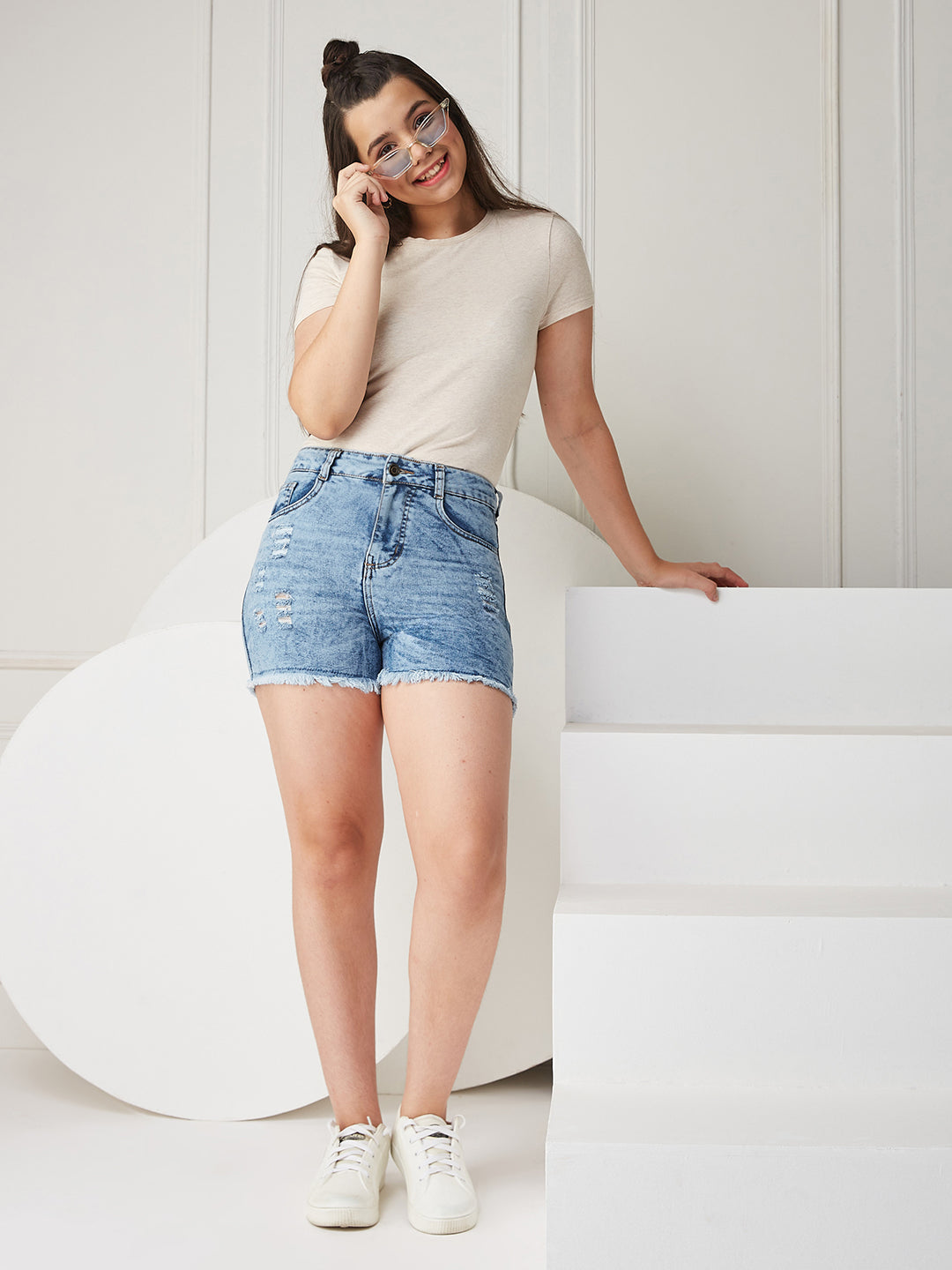Light Blue Relaxed Fit Mid-rise Highly Distressed Regular Denim Shorts