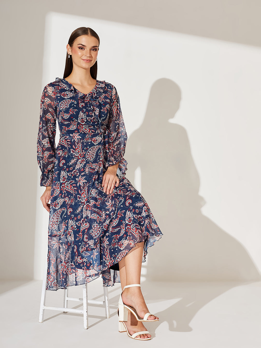Women's Multicolored-Base-Navy Blue V Neck Full Sleeves Polyester Relaxed Fit Midi Length Dress