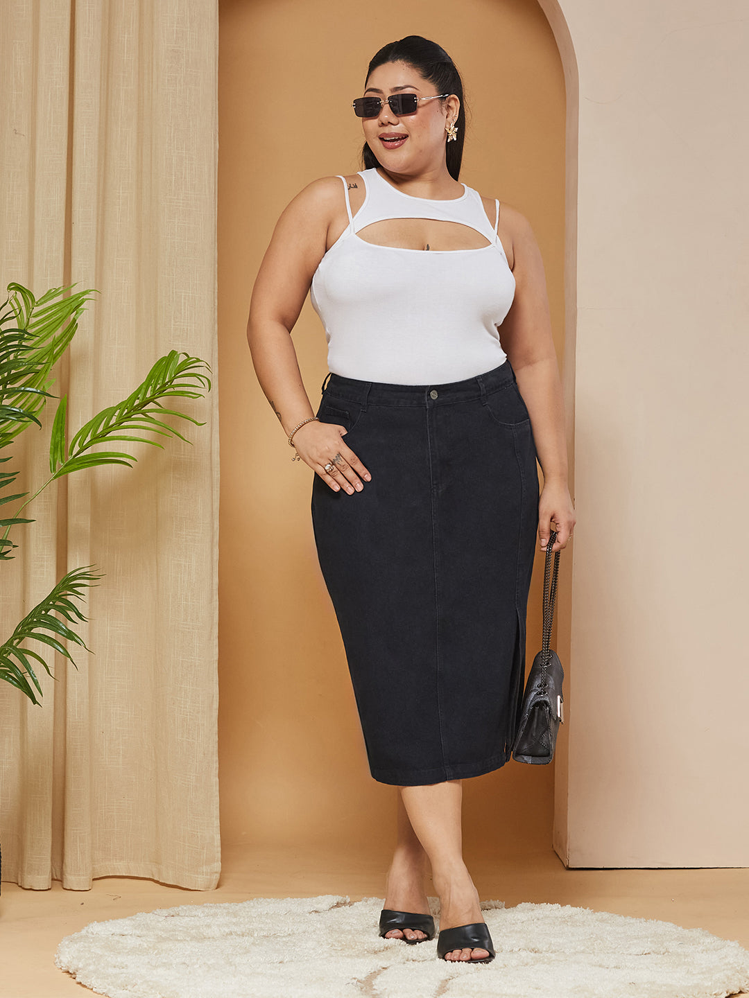 Black Straight-Fit High-Rise Stretchable Denim Midi Skirt for Women