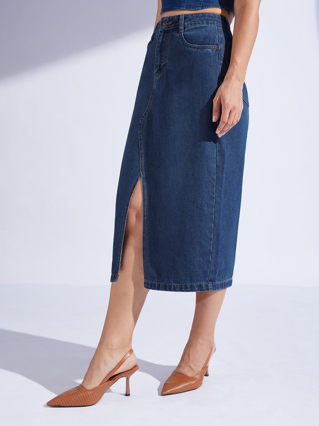 Women's Dark-Blue A-Line High-Rise Non-stretchable Denim Midi Skirt
