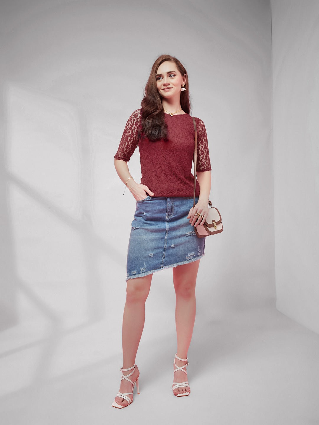 Maroon Round Neck Half Sleeves Basic Lace Crop Top for Women