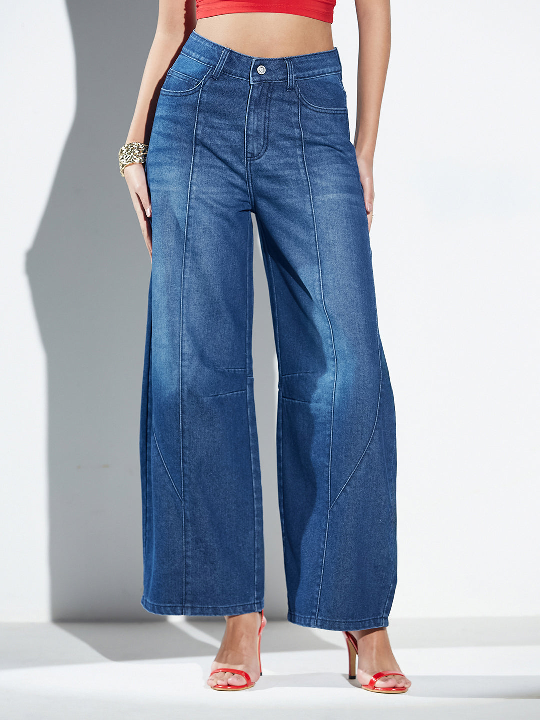 Dark Blue Barrel Fit High-Rise Denim Jeans for Women