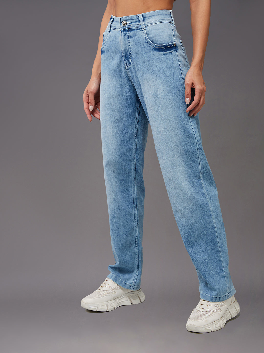 Women's Light Blue Wide-Leg Fit High Rise Clean Look Regular Length Stretchable Denim Jeans
