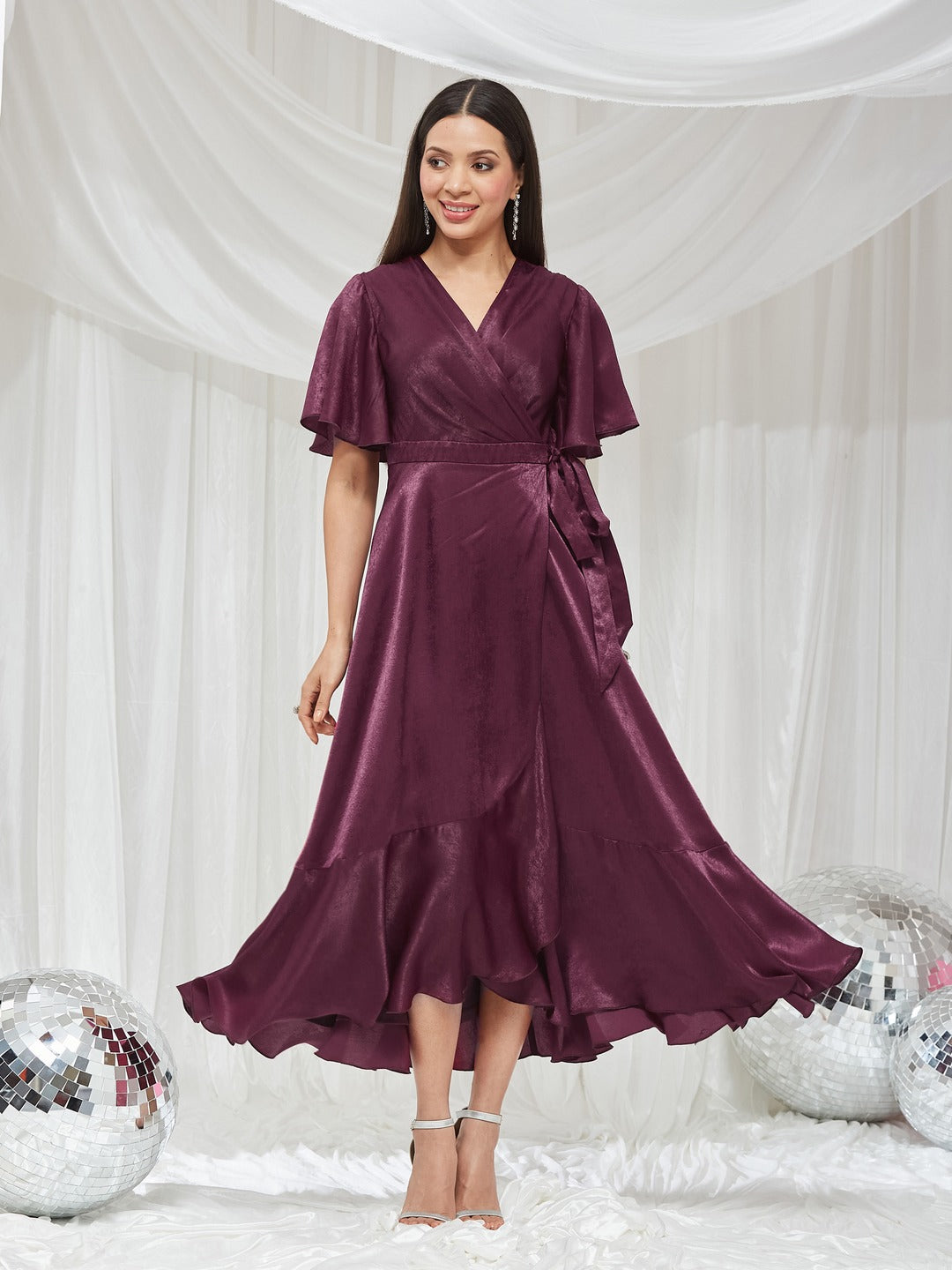Wine V-Neck Flared Solid Overlap/Tie-Up Midi Satin Dress for Women