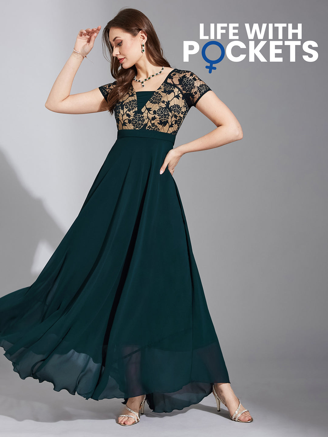 Women's Teal Square Neck Raglan Short Sleeve Self Design Lace Overlaid Georgette Maxi Dress