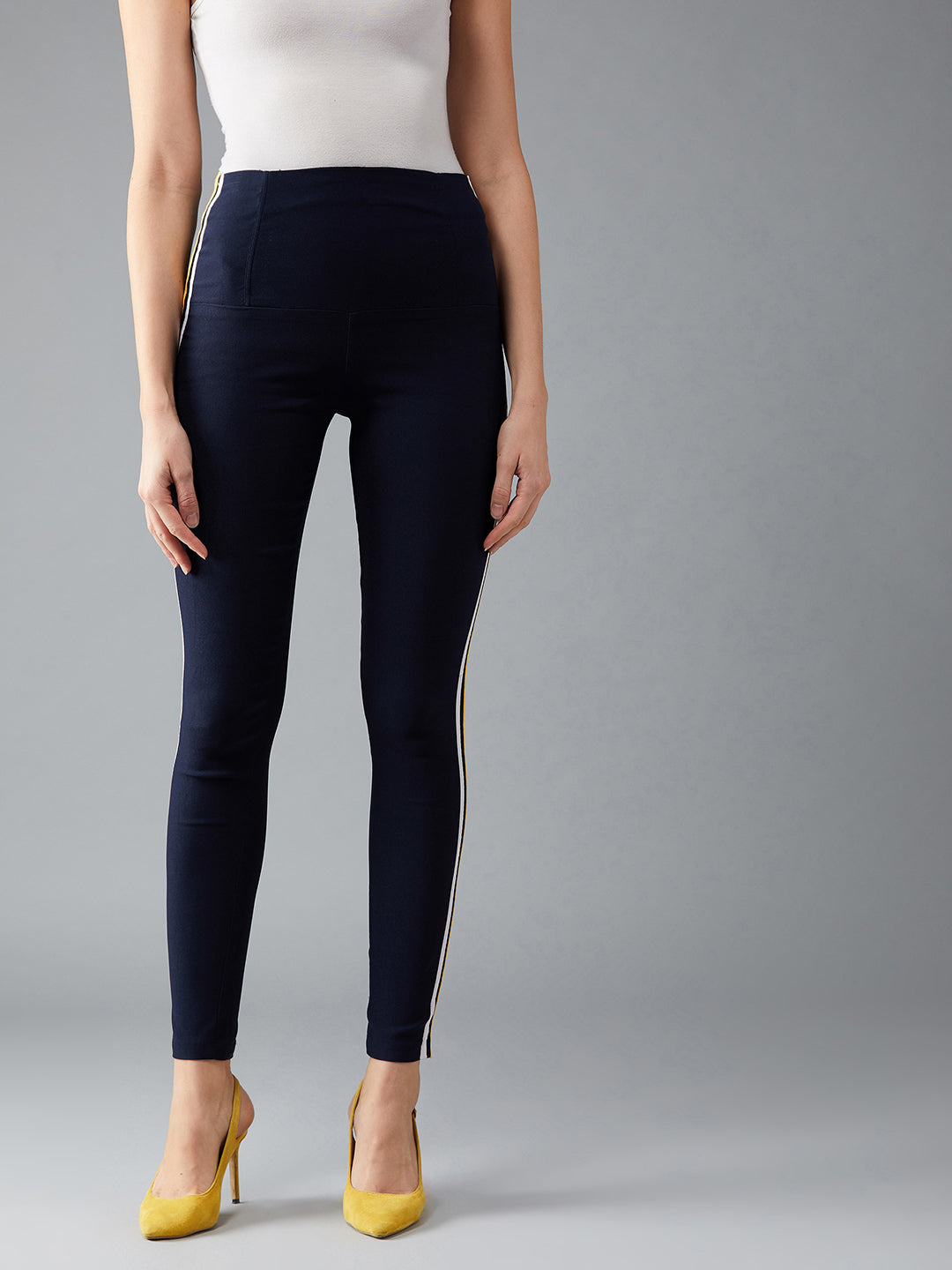 Women's Navy Blue Solid Knitted Skinny Twill Tape Detailing High-Waist Regular Length Treggings