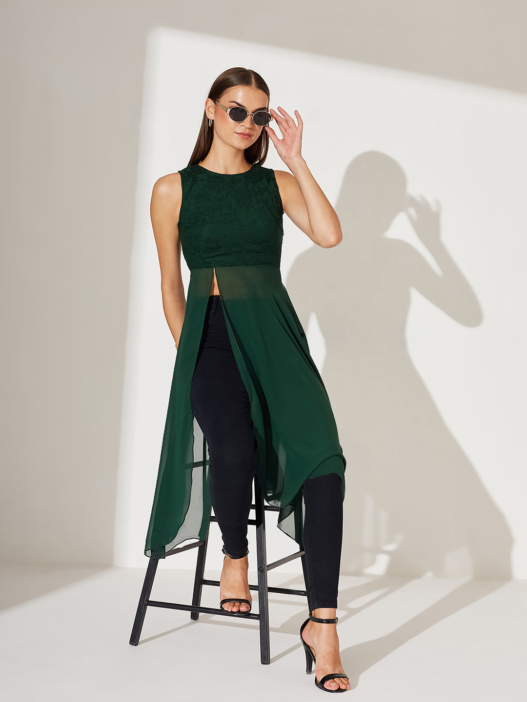 Forest Green Round Neck Sleeveless Solid Lace Overlaid Maxi Top for Women