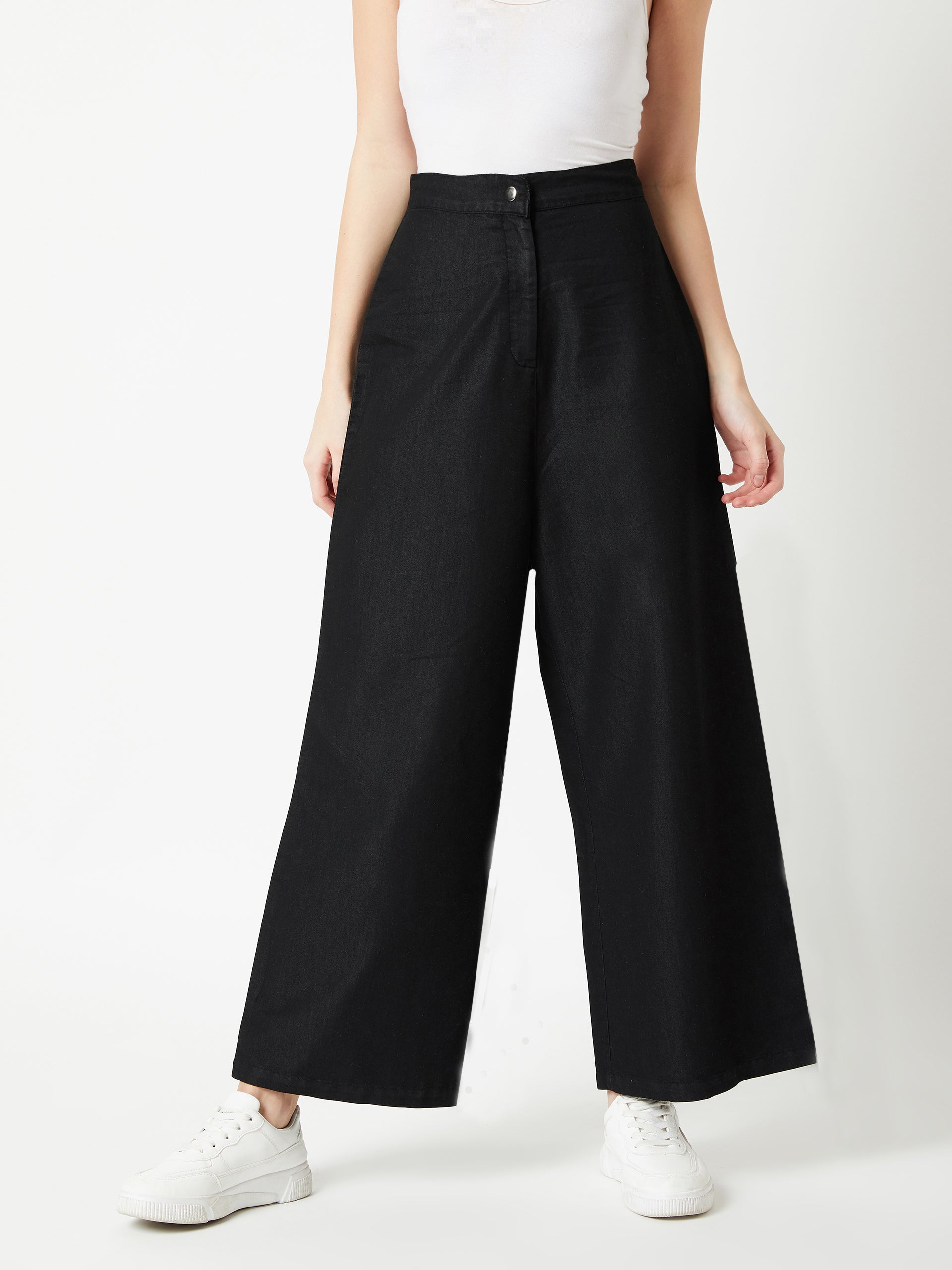 Women's Black Wide-Leg High-Rise Light Weight Clean-Look Regular Length Denim Pants
