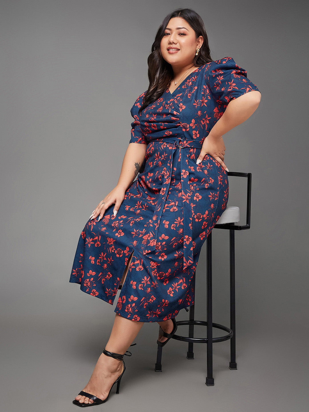 Body Bliss Multicolored-Base-Teal Floral Wrap Midi Dress