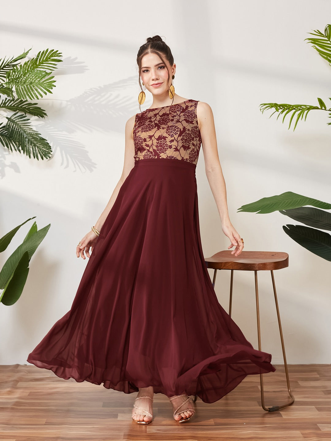 Beige & Wine Round Neck Sleeveless Georgette Floral Lace Fit & Flare Maxi Dress for Women