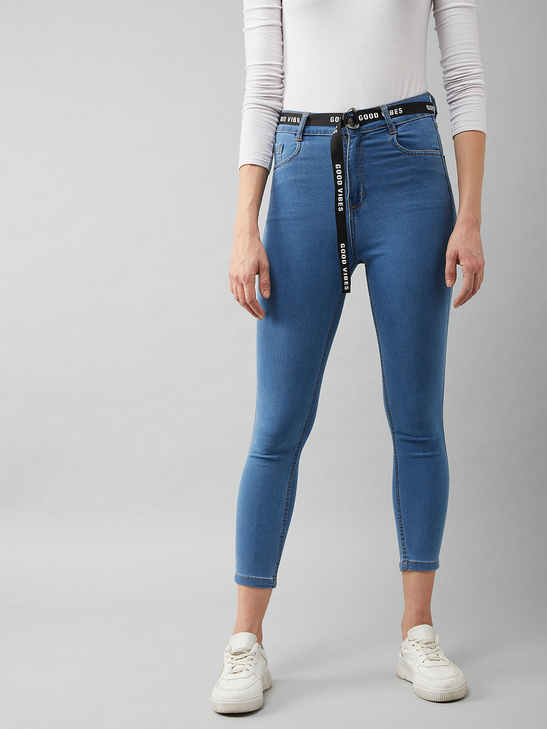 Women's Blue Cotton Skinny-Fit Cropped High-Rise Stretchable Denim Jeans